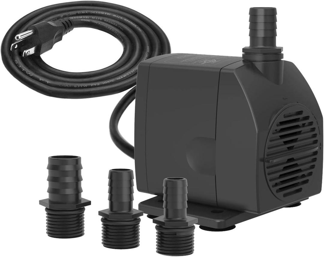 Submersible Pump 450GPH Ultra Quiet with Dry Burning Protection 8.2ft High Lift for Fountains, Hydroponics, Ponds, Aquariums & More