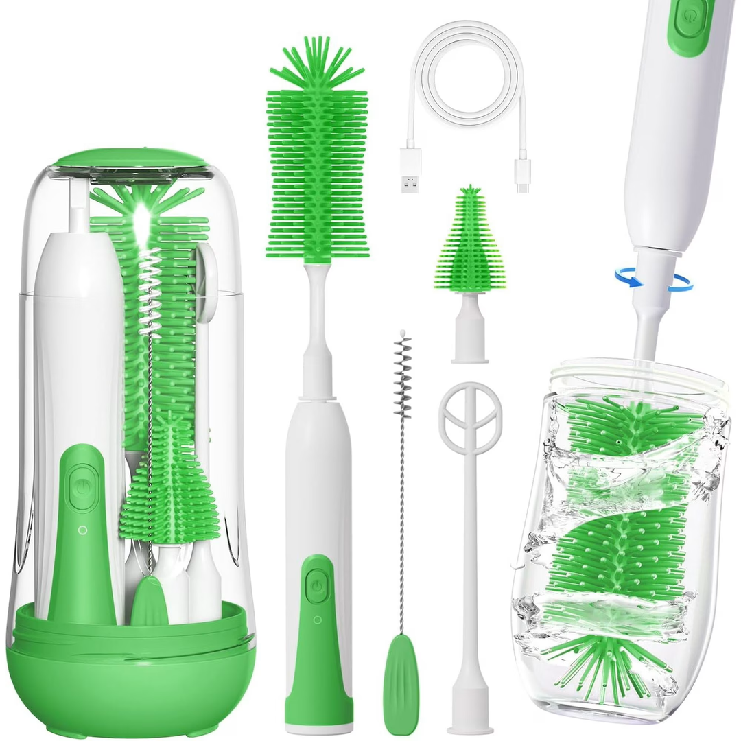 Electric Baby Bottle Brush, Rechargeable Electric Bottle Brush Cleaner for Travel, Portable Baby Bottle Cleaner Brush Set with Silicone Bottle Brush, Nipple Brush, Straw Brush(Vintage Green)