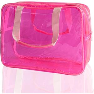 PVC Clear Pure Color Transparent Large Zipper Cosmetic Pouch Travel Makeup Cosmetic Bag with Handle for Travel Bathroom Toiletry Organizer (Hot Pink)