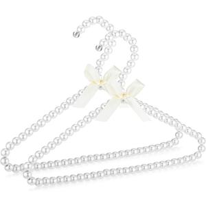 Threan Pearl Beaded Clothes Hanger Mini Pearl Beads Small Metal Clothes Hangers with Ribbon Standard for Kids Baby Children Pet Dog(White, 2 Pcs)