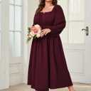 SCOMCHIC Women Plus Size Maxi Dress Long Sleeve Square Neck Wedding Guest Cocktail Belted Elegant Flowy A Line Long Dresses Burgundy 4XL
