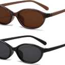 Retro Oval Sunglasses for Women Small Oval 90s Sunnies Trendy Narrow Cat Eye Vintage Shades 2 Pack