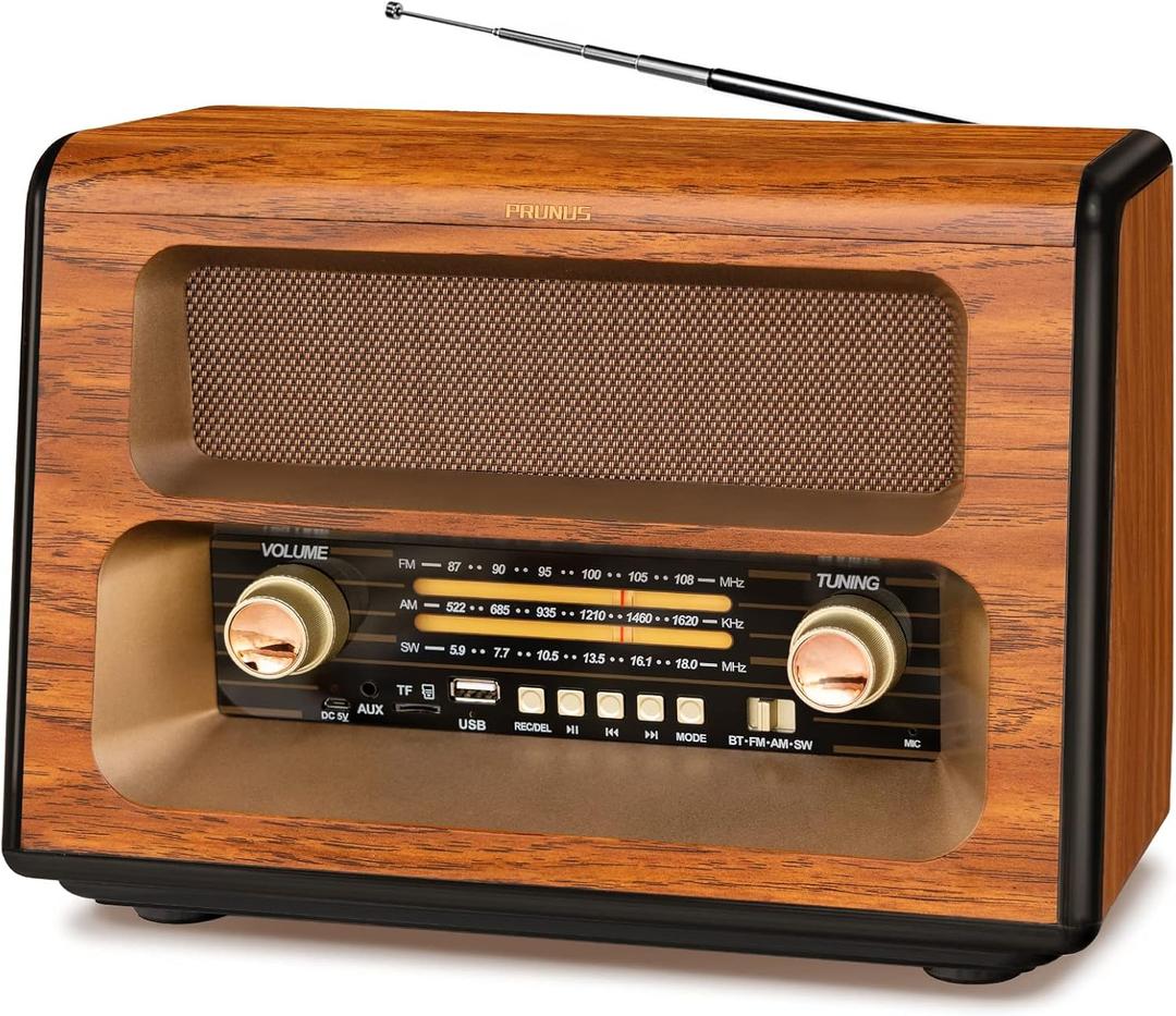 PRUNUS J-199 Large Vintage Radio Bluetooth, AM FM Radio Shortwave, 15W Crystal Speaker, Support AUX/TF Card/USB Playing, AC Charging, Rechargeable Battery and Battery Operated Radios, MIC Recording