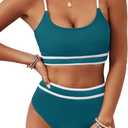 BMJL Women's High Waisted Bikini Ribbed Two Piece Swimsuit High Cut Color Block Adjustable Straps Bathing Suit(L, Dark Green Blue)