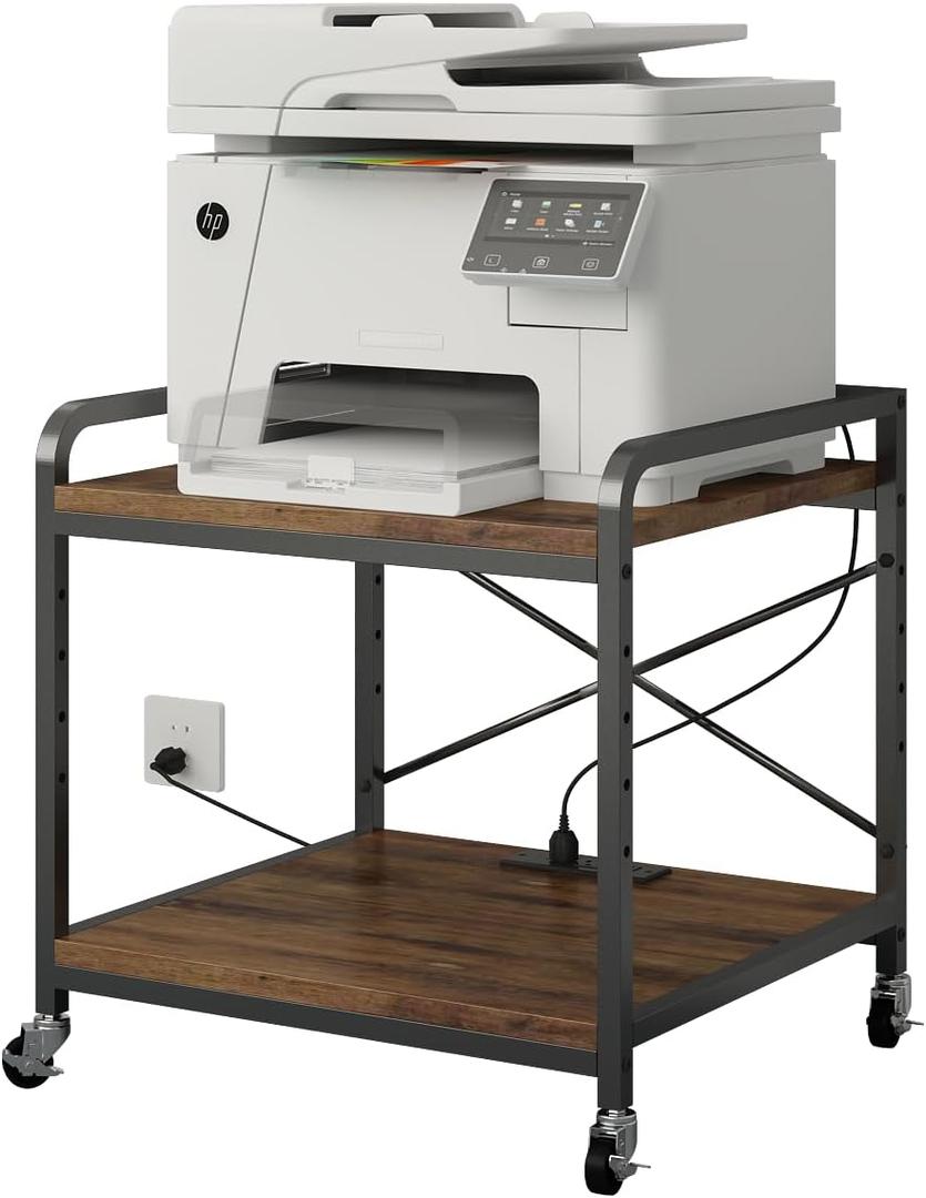 Under Desk Printer Stand with Power Outlet Large Printer Table with Adjustable Shelf,Industrial Wheels, 20 Inches Deep 2 Tier Rolling Printer Cart for Home Office, Rustic Brown