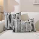 3 x Chenille Throw Decorative Pillow Covers 18x18 Set of 2, Textured Striped Boho Couch Pillow Covers, Cozy Neutral Farmhouse Cushion Cover for Couch Sofa Bedroom Living Room, Black
