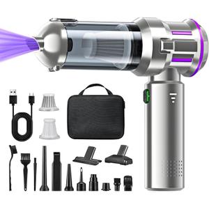 Handheld Car Vacuum Cleaner, 16000PA Hand Held Vacuum Portable Cordless, 2 in 1 Air Duster and Vacuum Cleaner with LED Light, Multi-Nozzles, 120W High Power Mini Vacuum for Home, Pet, Office (Blue & Gold)