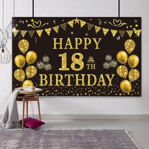 Trgowaul 18th Birthday Decorations for Men - Black Gold Backdrop Banner 5.9 X 3.6 Fts Happy Birthday Photography Supplies Background Party Decorations for Boys