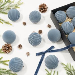 12 Pcs 3.15 Inch Velvet Christmas Tree Ornaments BulkFlocked Christmas Balls Plastic Shatterproof Xmas Hanging Ornaments Decorations Set for Tree Garland Wreath (Gray Blue)