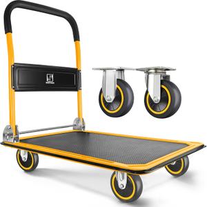 Push Cart Dolly by Wellmax, Moving Platform Hand Truck, Foldable for Easy Storage and 360 Degree Swivel Wheels with 330lb Weight Capacity, Yellow Color Push Cart Dolly by Wellmax, Moving Platform Hand Truck, Foldable for Easy Storage and 360 Degree Swivel Wheels with 330lb Weight Capacity, Yellow Color