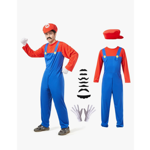 Halloween Costume Men Adult,Plumber Jumpsuit Cosplay Costume with Hat Gloves Moustache Accessories Set Size Adult, XL
