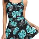 SHEKINI Women's Crossover Ruched Skirt One Piece Swimdress Swimsuit Bathing Suit (XX-Large, Black-blue Flower)