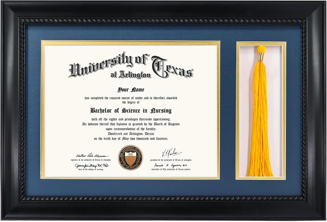 GMFrames Solid Wood Diploma Frame with Tassel Holder for 8.5x11 Certificate with Navy over Gold Mat,Black Finish with Intricate Black Rope Detail,UV Protection Acrylic