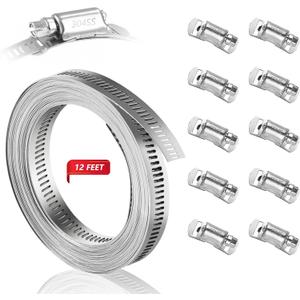 304 Stainless Steel Hose Clamp Assortment Kit DIY, Cut-To-Fit 12 FT Metal Strap+10pcs Stronger Fasteners, Large Adjustable Worm Gear Band Hose Clamps Screw Clamps Duct Pipe Metal Clamp Strapping