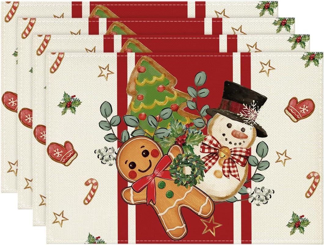 Artoid Mode Snowman Xmas Trees Christmas Placemats Set of 4, 12x18 Inch Seasonal Winter Holiday Place Mats for Party Dining Table