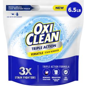 OxiClean Triple Action Versatile Stain Remover Powder, Use with Detergent, Removes Tough Stains like Grease, Blood and Grass, Brightens Colors and Whites, Chlorine Free, 6.5 lbs (104 Ounce (Pack of 1))