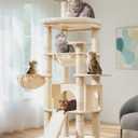 Taoqimiao 72 Inches Cat Tree for Large Cats, Multi-Level Tall Cat Tower, Widened Cat Condo with Large Scratch Board, 5 Scratching Posts, Metal Hammcock, Cozy Basket, Beige, MS045M
