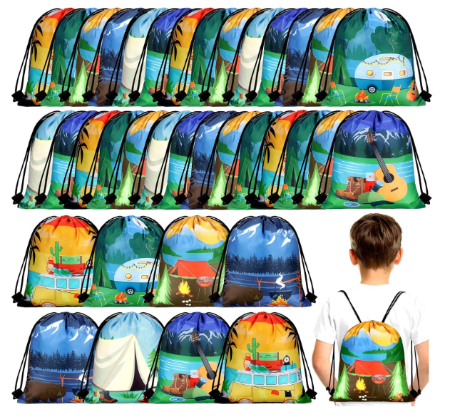 Woanger 24 Pcs Camping Party Favors Camping Adventure Drawstring Bags Goodie Candy Drawstring Bags Backpack Birthday Party Supplies Decorations for Boys Kids