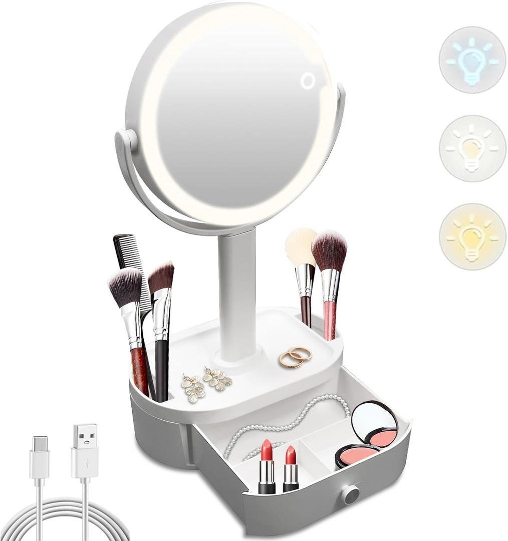 SANYCASA Makeup Mirror with Lights, Lighted Makeup Mirror with Magnification, 80 LED Vanity Mirror with Lights, 3 Color Modes & Stepless Dimming, Shatterp roof & Stable Base (16.9"L x 7.8"W, White)