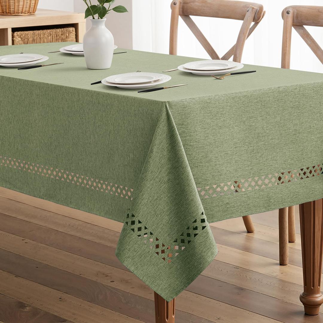 MIULEE Sage Green Rectangle Linen Polyester Tablecloth with Decorative Cutouts Spring Waterproof Stain Resistant & Shrink-Proof Table Cloth 60x144 inch Farmhouse Style for Dining Wedding Party