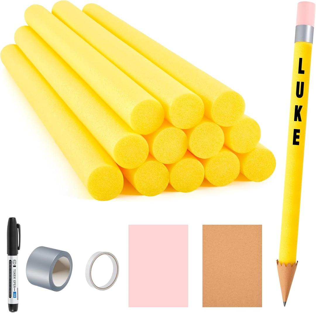 Soulchen 12 Set 31.5 Inch Classroom Giant Pencil Set, Including DIY Foam Swim Noodles, 20 Colored Cardboard Sheets, Letter Stickers, Tape, Marker Pen for DIY Craft Projects Back to School Party Decor