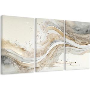 AVECCO 3 Pieces Gold Wave Abstract Wall Art, Modern Pictures Canvas Stylish Wall Decor,Minimalist Gold Art Prints for Bedroom Living Room Office Home Decoration Ready to Hang 24x36 Inch