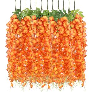 12 Pack Wisteria Hanging Flowers, 45 in /3.7ft Artificial Vine Hanging Flowers for Decoration, Fake Long Rattan Hanging Garland Silk Flowers String for Wedding, Garden, Bedroom, Home Decor-Orange