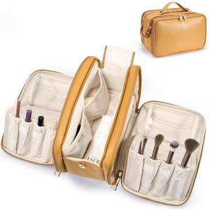 Travel Makeup Bag Women's Large Capacity Cosmetic Portable Organizer Large Opening Waterproof Storage Toiletry Bags Vertical Free-Standing Brush Holder for Easy Access Orange