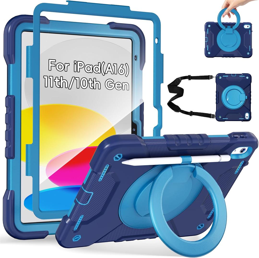 Case for iPad (A16) 11th Generation 11 inch 2025/10th Generation 10.9 inch 2022, Shockproof Cover with Screen Protector/360 Rotate Handle/Bracket/Pen Holder/Shoulder Strap (Navy+Blue)