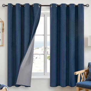 YoungsTex Navy Blue Linen Blackout Curtains 63 Inch Length for Bedroom, Thermal Insulated Black Out Drapes with Grommet Room Darkening Privacy for Living Room Window, 2 Panels, 52 X 63 Inch