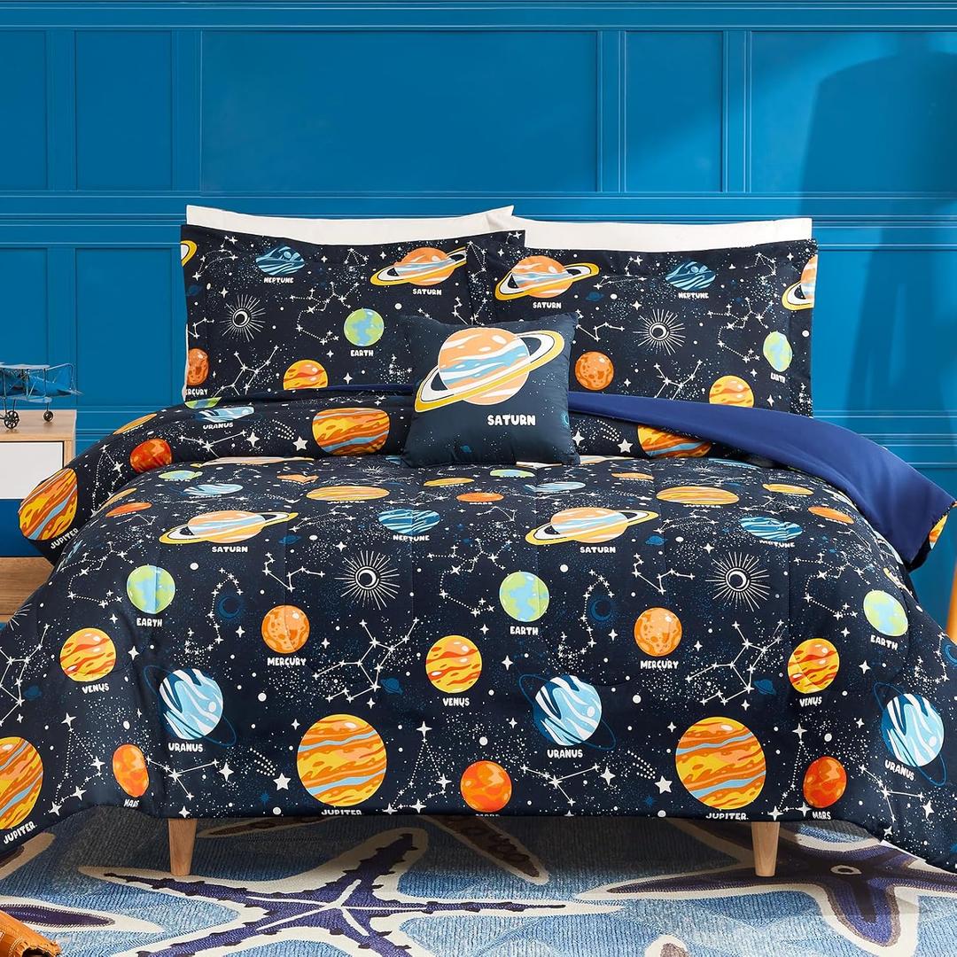 Twin Comforter Set for Boys-3 Pieces Space Glow in The Dark Twin Bedding Sets for Kids,1 Comforter,1 Sham and 1 Decor Pillow