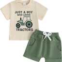 Baby Boy Cute Letter Short Sleeve Shirt Top Elastic Waist Shorts Toddler Summer Outfits (Green Just A Boy Who Loves Tractors, 12-18 Months)