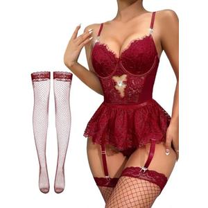 Lilosy Sexy Stocking Heart Rhinestones Underwire Babydoll Lace Mesh Garter, Medium