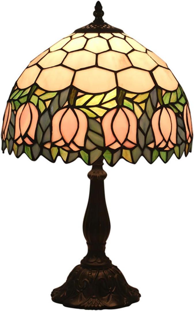 Tiffany Table Lamp,Pink Tulip Stained Glass Table Lamps for Bedroom Bedside 3 Color Temperatures Nightstand Lamp, for Living Room,Dining Room,W/LED Bulb, Mothers Gifts,12X12X19Inch