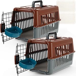 2 Set Travel Pet Carriers for Small Cat Dog Plastic Hard Shell Carrier Cat with Bowl Wire Door Grille Mat Portable Breathable Security Lock Puppy Kennel for Travel Airline, 17.5", up to 13lbs(Brown)