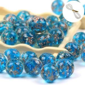 100Pcs Luminous Glass Beads Sky Blue 8mm Round Beads Glow Crystal Loose Beads with Rope for DIY Craft Bracelet Jewelry