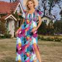 Floral Print V Neck Maternity Dress Boho Baby Shower Photoshoot Smocked Flutter Sleeve Split A Line Dress (XL)