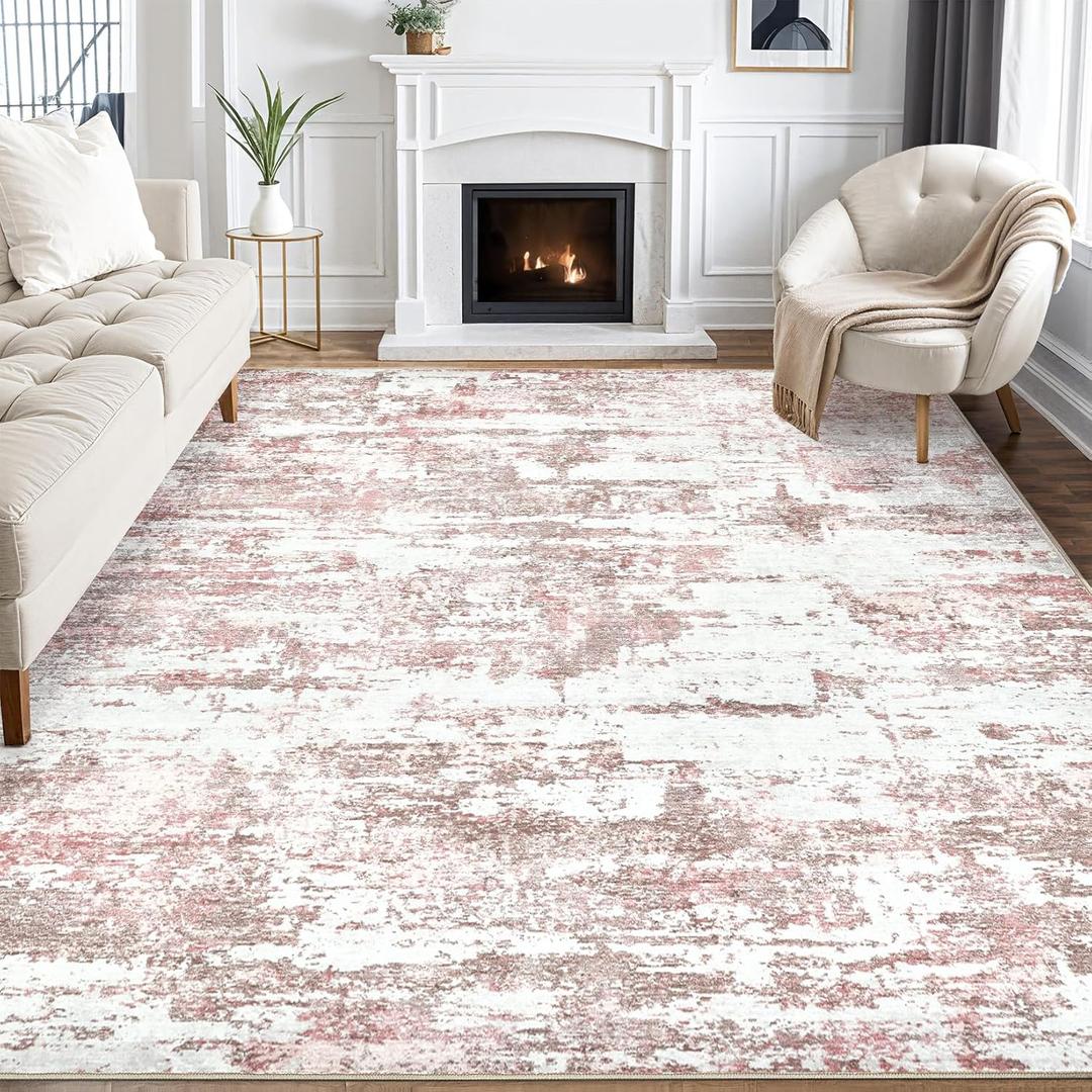 Area Rugs for Living Room: 8x10 Abstract Washable Rug Modern Neutral Large Soft Stain Resistant Non-Slip Backing Machine Table for Bedroom Dining Room Indoor Home Office Carpet - Pink