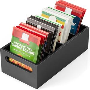 DRASTAR Pantry Organization and Storage Bins, Seasoning Packet Organizer with Removable Dividers,Wooden Storage Caddy for Kitchen, Pantry, Cabinet, Countertop, Black (Small)