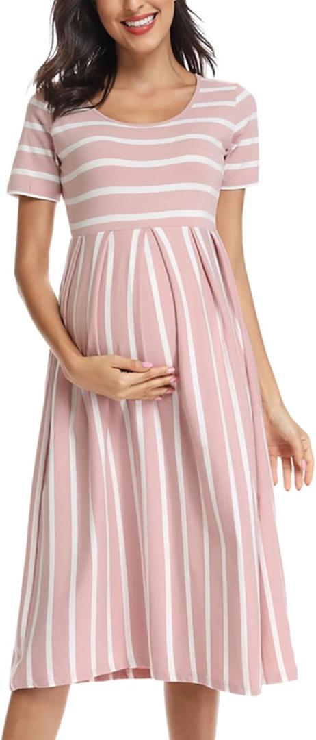 BBHoping Womens Casual Striped Maternity Dress Short Knee Length Pregnancy Clothes for Baby Shower (X-Large, A-dark Pink White Stripe)