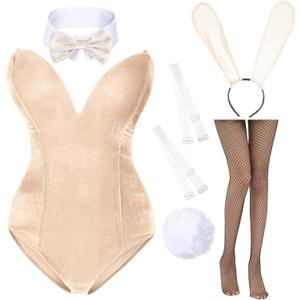 Anime Womens Bunny Girl Costume One Piece Bodysuit Halloween Cosplay Catsuit Bunny Headband Stockings Set (Small, Beige)