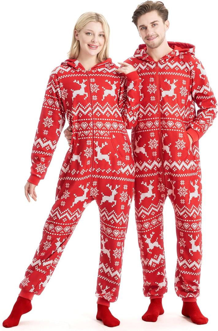 Giggling Getup Grey Men Adults Christmas Pajamas With Hood, Loose Nordic Print Pattern Holiday Jumpsuit, 1 PC-XL