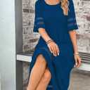 Womens Summer Dresses Casual Maxi Dresses Mesh 3/4 Sleeve Crewneck Smocked Elastic Waist Boho Beach Dress