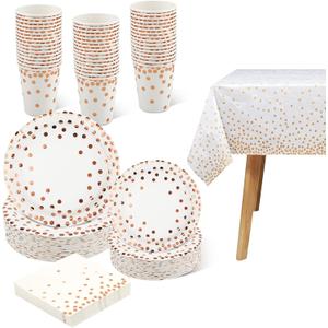 hapray 201PCS Disposable Paper Plates Rose Gold Party Supplies, Polka Dots Birthday and Baptism Decorations, include Cups, Napkins, Plastic Tablecloth, for Baby Shower, Mother's Day