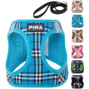 PINA Dog Harness for Small Dogs No Pull, Small Dog Harness and Leash Set, No Choke Breathable Mesh Dog Vest Harness, Lightweight Adjustable Small Medium Dog Harness - Easy to Put On and Take Off (S (Neck:10-13" , Chest:14-17"), Sky Blue Plaid)