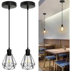 LTBLIGHT 2-Pack Industrial Pendant Light Fixtures, Black Hanging Ceiling Light with Adjustable Height Cord, Modern Pendant Lamps for Kitchen Hallway Bedroom Corridor, E26 Base(Bulbs Not Included)