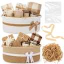 Colingmill 2 Pack Mothers Day Small Woven Basket with Bow and Handle 14 x 10 x 5.5 Inches Gift Basket with Raffia Paper Fill for Graduation Wedding Birthday Baby Shower Party Favor(Khaki and White)