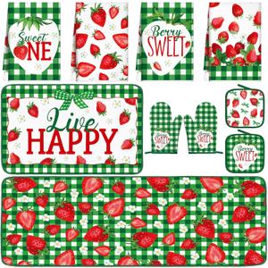 Fourluoo 10 Pcs Strawberry Kitchen Decor Set Dish Towels Rugs Oven Mitts and Pot Holders for Cooking Baking Grilling Women Mom Gift