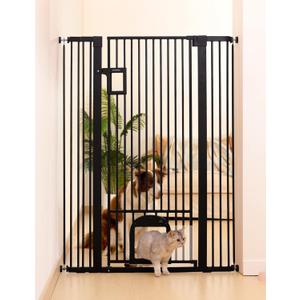 No Pawblems 55" Extra Tall Pet Gate with Adjustable Cat Door, 29-43" Auto Close Dog Gate, NO Drilling Pressure Mounted for Doorways/Hallways, 1.37" Narrow Bar Spacing, Black