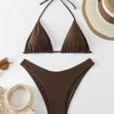 GORGLITTER Women's High Waisted Thong Bikini Set Halter Triangle Tie Back Swimsuit Bathing Suit (Brown, S)